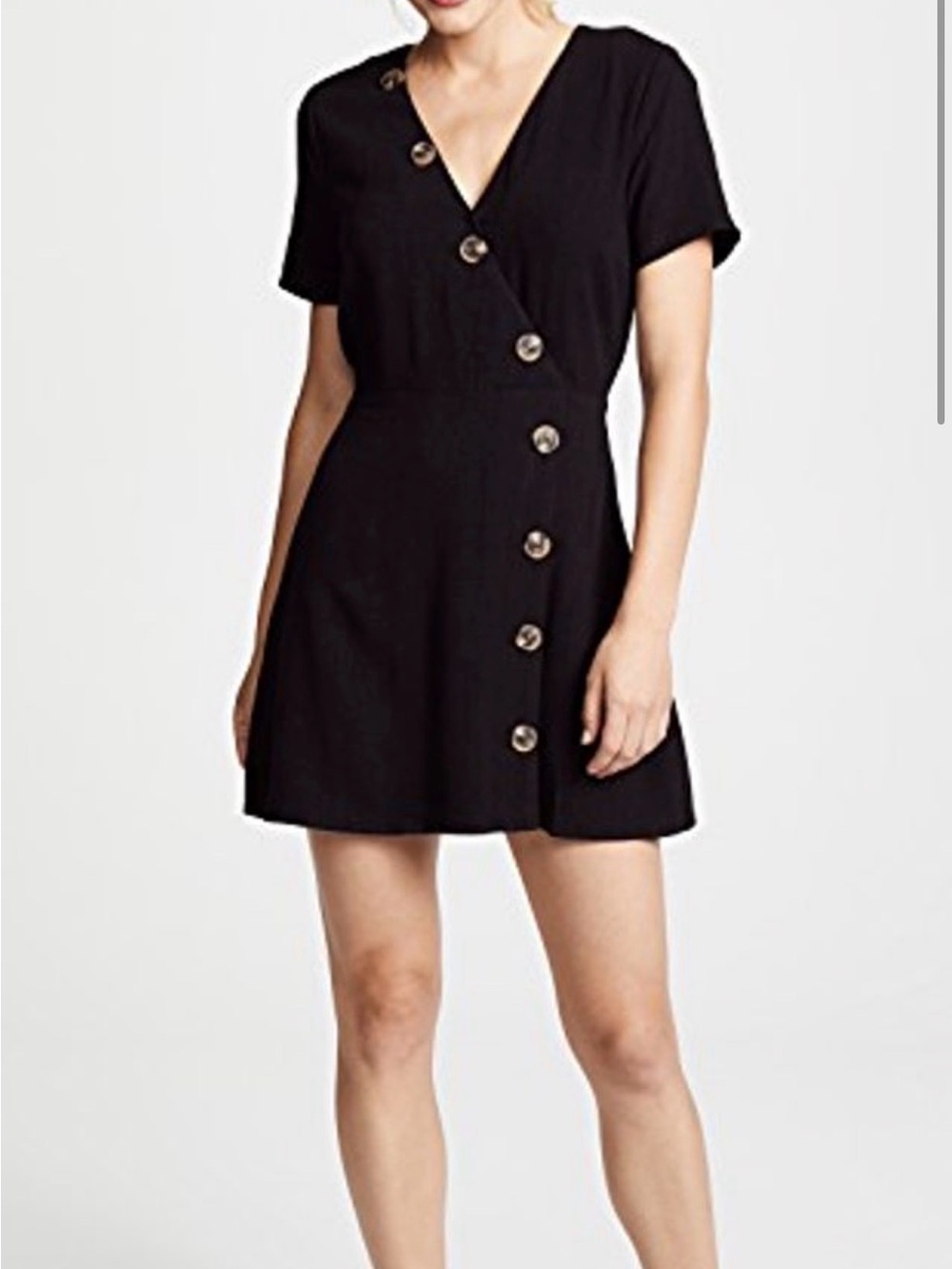 Moon River Black Short-Sleeve Mini Dress with Side Button Detail